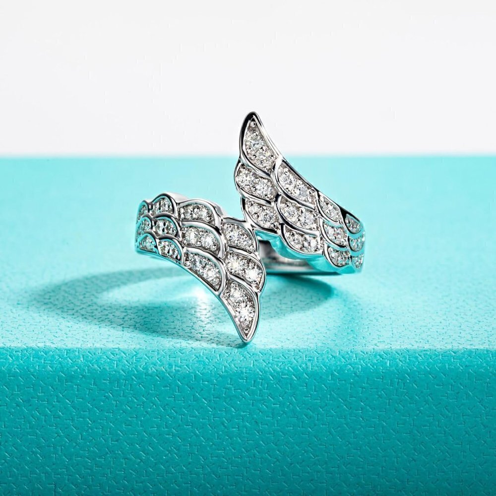 Certified Angel Wings Eternity Moissanite Ring Sterling Silver S925